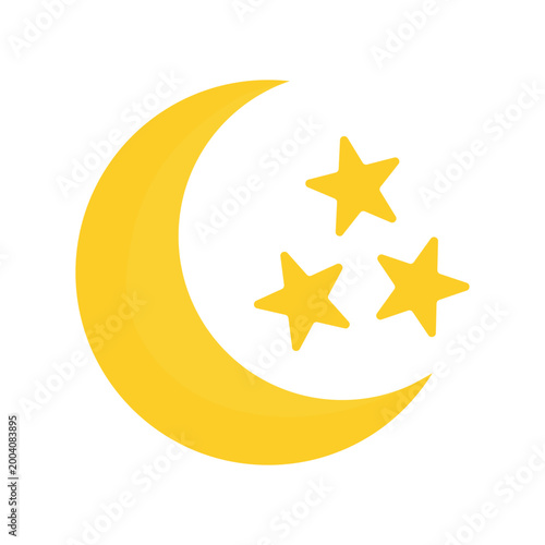 Vector illustration of crescent moon and stars icon in flat style. Yellow moon with stars isolated on white background.