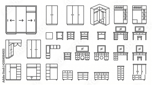 Top Down Flat Vector icons, Bedroom Storage Furniture Elements Set , wardrobe, nightstand, vanity,  2d CAD plan symbols