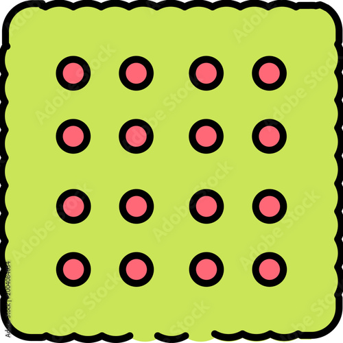 A bright, simple, and colorful grid icon featuring sixteen evenly spaced red dots on a lime green background with a textured border, evoking a sense of order and pattern