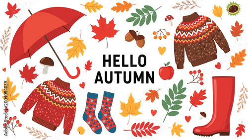 Hello Autumn Fall Vector Set Collection Cartoon Sweater Umbrella Boots Leaves Mushroom Acorn Isolated on White Background for Seasonal Greeting Card Design