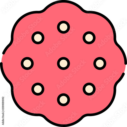 A sweet, round, pink cookie with a delightful pattern of light yellow dots, perfect for baking and dessert illustrations