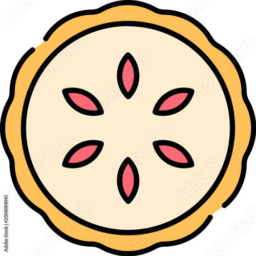 Flat vector icon of a sweet pie slice, showcasing a golden crust and a delicious fruit filling with decorative red elements, perfect for menus, bakery, or culinary graphics