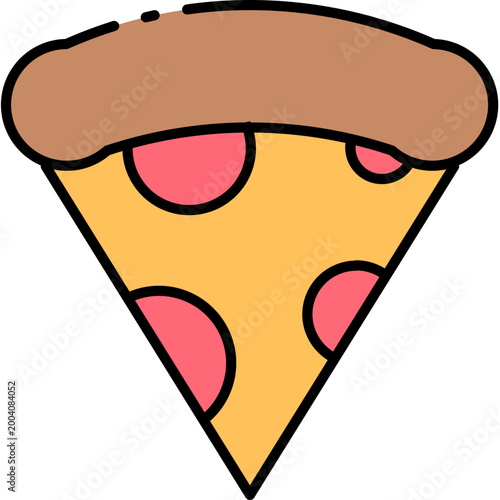 Vibrant vector icon of a delicious triangular pizza slice, showcasing a golden crust with melted cheese and savory toppings, perfect for web, app, menu designs, or fast food branding