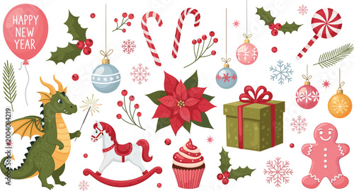 Cute Christmas New Year Vector Set Collection Cartoon Dragon Ornaments Candy Cane Gingerbread Gift Poinsettia Isolated on White Background for Holiday Greeting Design