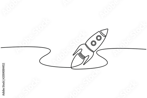 Rocket continuous one line drawing minimalist outline vector illustration isolated,Rocket launch continuous line art.Space rocket continuous one line drawing clean minimalist outline vector.