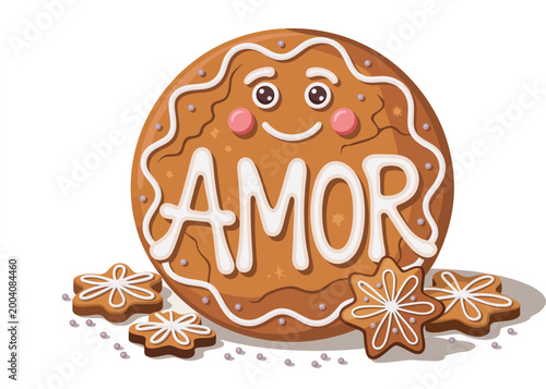 Whimsical gingerbread cookie with Amor written on it surrounded by small star shaped cookies