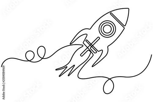 Rocket continuous one line drawing minimalist outline vector illustration isolated,Rocket launch continuous line art.Space rocket continuous one line drawing clean minimalist outline vector.