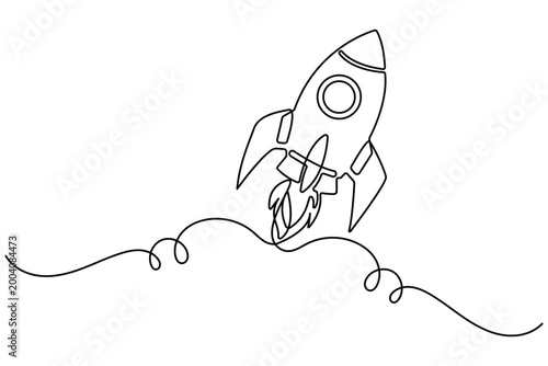 Rocket continuous one line drawing minimalist outline vector illustration isolated,Rocket launch continuous line art.Space rocket continuous one line drawing clean minimalist outline vector.