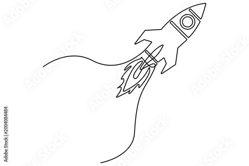 Rocket continuous one line drawing minimalist outline vector illustration isolated,Rocket launch continuous line art.Space rocket continuous one line drawing clean minimalist outline vector.