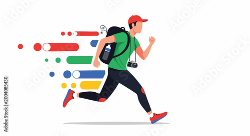 Active Male Traveler Running with Backpack and Camera Vector Illustration