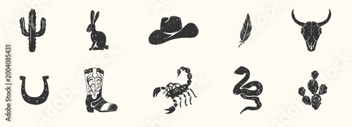 Desert icon set vintage woodcut or linocut, grunge texture snake, skull silhouette, wild West. Boho engraving print set, canyon wildlife. Horseshoe, cactus, desert plants and animals.