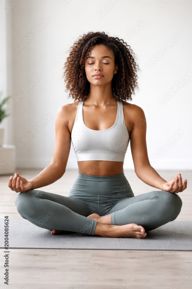 Fototapeta premium Calm Woman Meditating in Lotus Pose at Home, Mindfulness, Yoga Practice and Wellness Lifestyle Concept