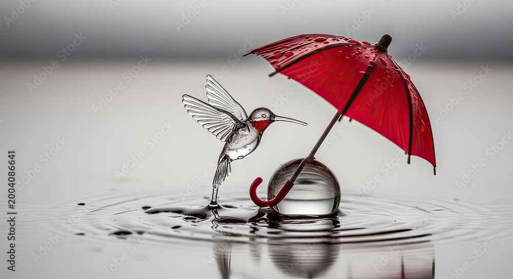 Fototapeta premium Hummingbird Interaction with Red Umbrella, Water Surface, Artistic Capture, Serene Setting, Close-Up View, Creative Concept