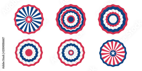 Paper fans and stars in American colors. Circle bunting garlands in red, white, and blue.patriotic decoration. July 4, independence day. for design poster, brochure, banner, website.