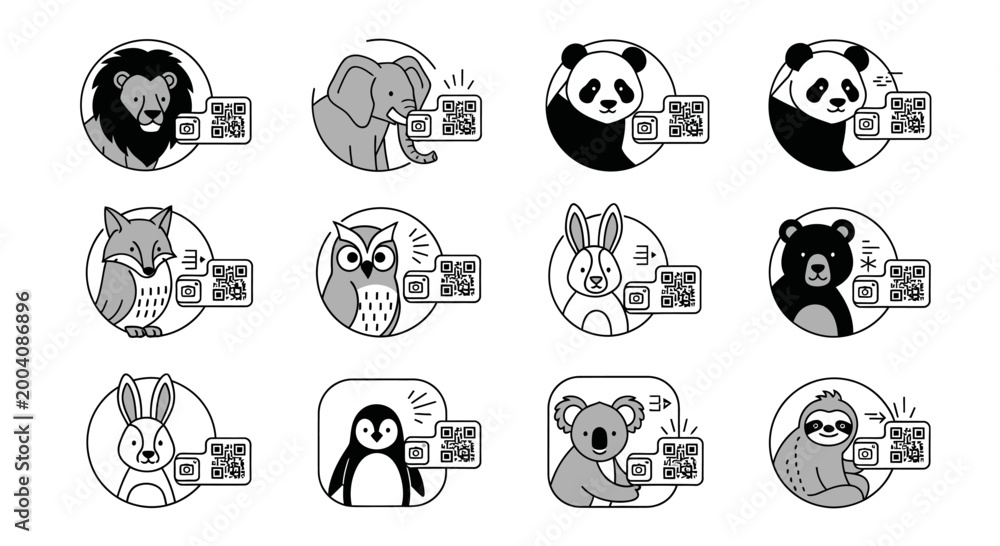 Fototapeta premium Collection of various animal heads with QR codes black and white line art.