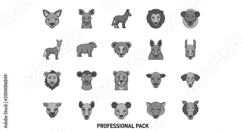 Professional pack of diverse animal head and full body illustrations in monochrome style.