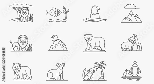 Collection of hand-drawn animal and nature icons featuring lions fish eagles bears monkeys and penguins in various natural settings.