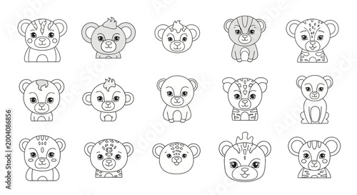 Adorable collection of baby animal faces including lions tigers and monkeys in a charming line art style.