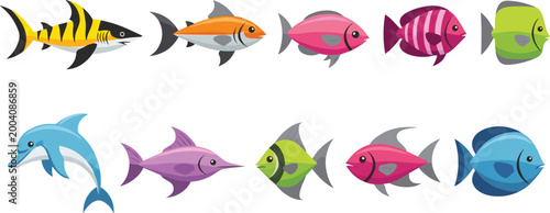Colorful Cartoon Fish and Sea Animal Vector Set Collection Cute Ocean Creatures Dolphin Shark Isolated on White Background for Aquatic Design