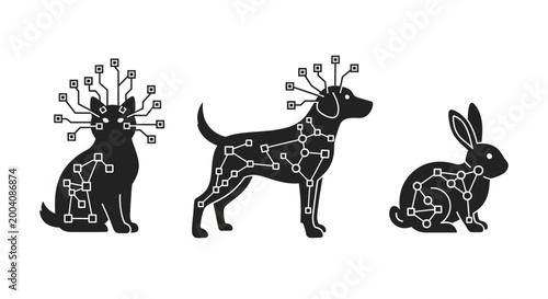 Cat dog rabbit with neural network brain connections.