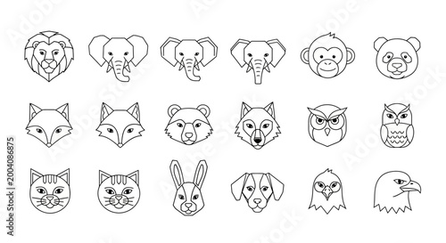 Collection of various animal head line art illustrations.