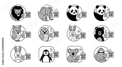 Collection of various animal heads with QR codes black and white line art.