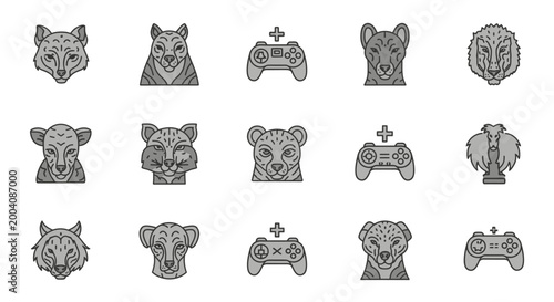 Collection of detailed animal head illustrations and gaming controllers in a consistent monochrome style.