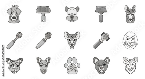 Monochromatic collection of various animal faces and grooming tools showcasing a range of pet care essentials and diverse animal expressions.