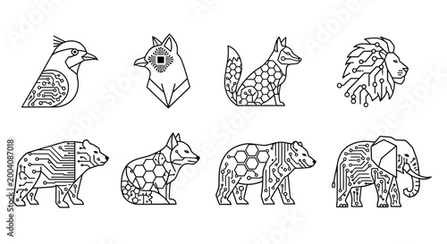 Collection of digital animal icons with circuit board patterns.