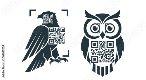 QR code integrated into hawk and owl bird silhouettes modern digital art.
