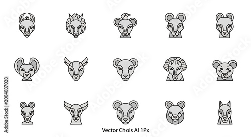 Collection of various animal head icons in a minimalist line art style showcasing diverse wildlife faces.