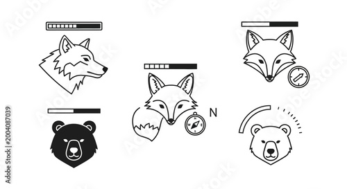 Set of hand drawn animal heads with progress bars and compass icons.