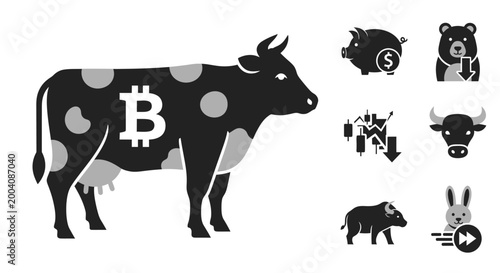 Bitcoin Cow with Cryptocurrency and Stock Market Icons.