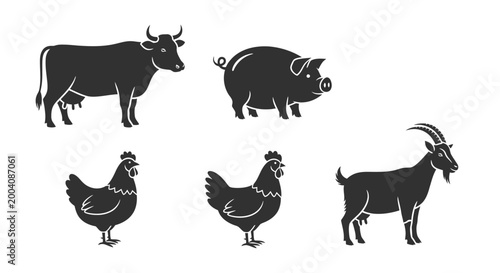 Set of farm animals silhouettes including cow pig chicken and goat.