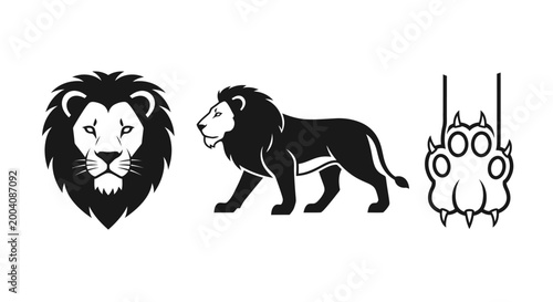 Majestic Lion Silhouettes: Head Full Body and Paw Print Illustrations.