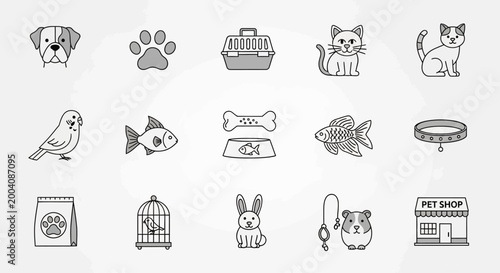 Hand drawn doodle style pet animal and accessory icons collection.