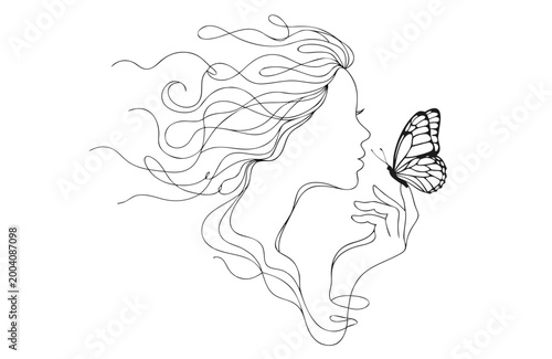 Woman profile with butterfly on finger. Minimalist line art drawing of girl with long wavy hair. Artistic concept of nature, beauty, freedom and interaction with wildlife in sketch style.
