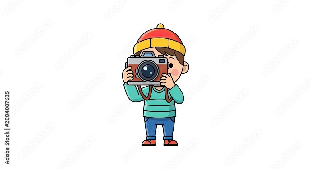 Fototapeta premium Child Photographer Capturing Moments, Outdoor Play, Illustrative Art, Cheerful Environment, Frontal View, Creativity