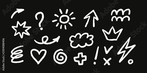 Crayon chalk pencil line elements set. Doodle cute sun and cloud. Sketch arrow and heart. Marker lightning. Kid crayon drawing. Vector illustration with chalk texture isolated on black background.