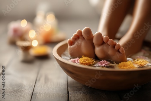 Spa feet bathed in warm water with petals and candles