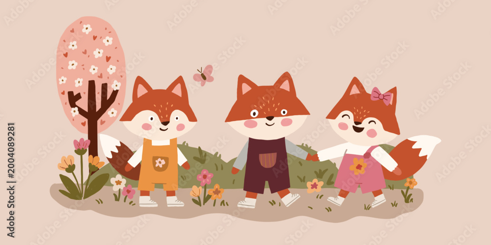 Fototapeta premium Cute fox cubs group in spring garden, baby woodland animals clipart 