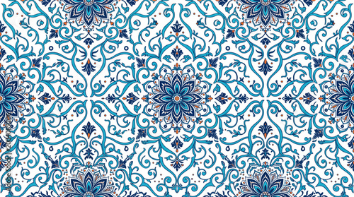 Bilde på lerret Blue and turquoise ornamental tile pattern with symmetrical floral arabesque design