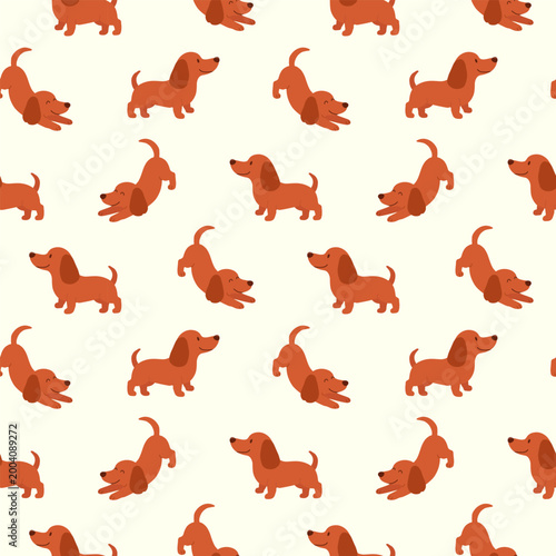 Seamless pattern with brown dachshund dogs in various poses on a light cream background for domestic pet fabric.