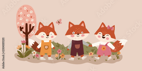 Cute fox cubs group in spring garden, baby woodland animals clipart
