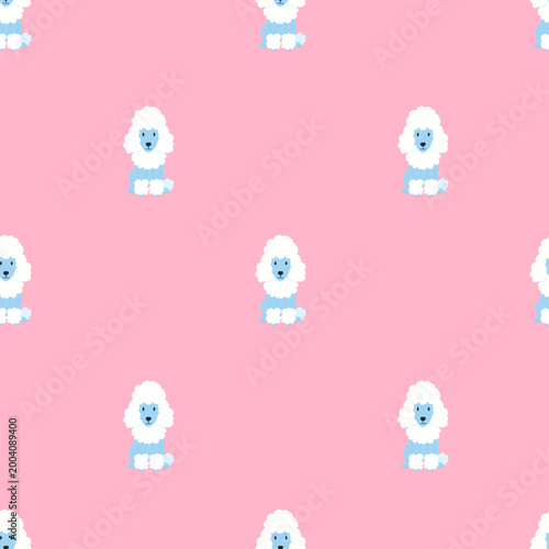 Seamless pattern featuring a blue poodle sitting in a checkerboard layout on a pink background for pet accessory design.