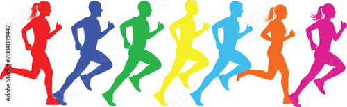 Foto Diverse Set of Colorful Running Athlete Silhouettes for Marathon Promotion, Fitn