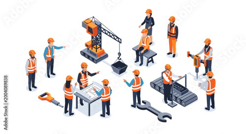 Isometric illustration of a construction team collaborating on a project, featuring workers with blueprints, a crane, a jackhammer, and safety gear.