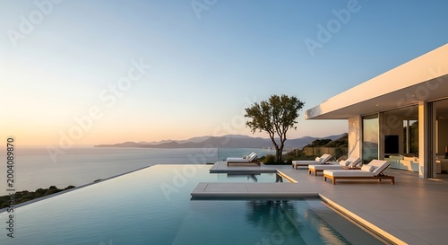 Luxury infinity pool villa overlooking the ocean at sunset