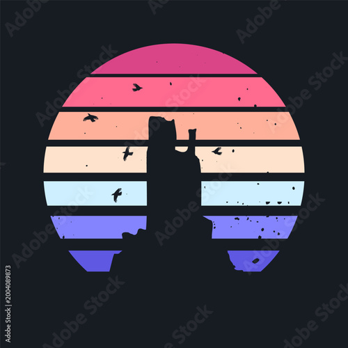 Grunge vintage sunset. Colorful striped sunrise badge in 80s and 90s style. Sun and ocean view, summer vibes, surfing. Design element for print, logo or t-shirt. Vector illustration