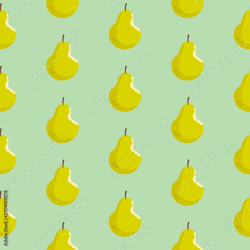 Seamless fruit pattern with bitten yellow pear icons arranged on a light green background for summer textile design.